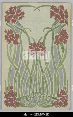 Diseño para una portada de libro, Alice Cordelia Morse, American, 1863–1961, cepillo y gouache sobre papel, sobre suelo gris-blanco, alto arreglo simétrico de claveles rojos., EE.UU., ca. 1887–1903, diseño gráfico, dibujo Foto de stock