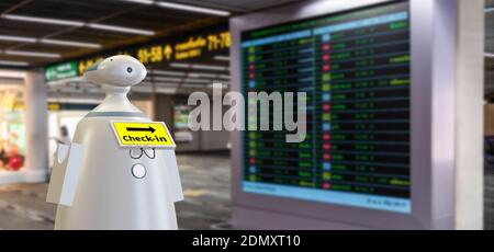 nueva tecnología normal en la industria de la hospitalidad inteligente 4.0 asistente de recepción de robots utilizando para el cliente o pasajero en el aeropuerto con el pasajero de bienvenida, h Foto de stock