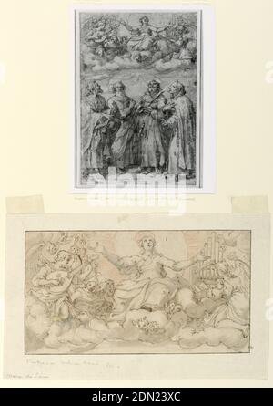 La Asunción de la Virgen, Ventura Salimbeni, italiano, 1568 - antes de 1613, Taddeo Zuccaro, italiano, 1529 - 1566, crayón rojo, pluma y tinta, cepillo y lavado gris, y sepia sobre papel, rectángulo horizontal. Sobre nubes. En el centro está la Virgen, en una gloria de rayos. A la izquierda está un ángel tocando el laúd. A la derecha otro tocando el órgano; ambos con grupos de ángeles. Querubines abajo. Comparar con dibujo de [sp?] Reproducido en Röhrer 'Sammlung H.S Röhrer', Augsburg, 1928, pl. 103. Atribución de Salimbeni considerada incorrecta por Philip Pouncy (verbalmente, marzo de 1958)., Italia, principios del siglo 17