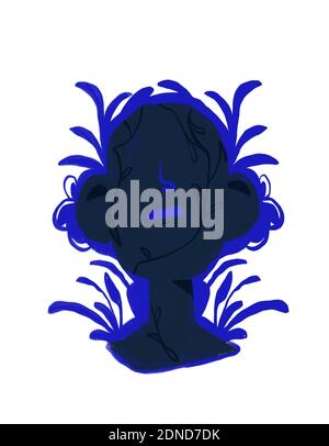 Ilustración de Retrato sin rostro Negro con planta azul y flor Tattoo en la cara. Pintura en color monocromática. Arte moderno y de moda para imprimir y p Foto de stock
