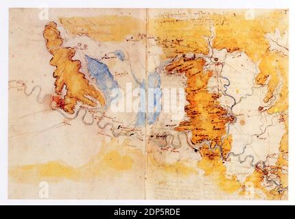 Leonardo da Vinci. Carte de la vallée de l'Arno à proximité de Pise Foto de stock