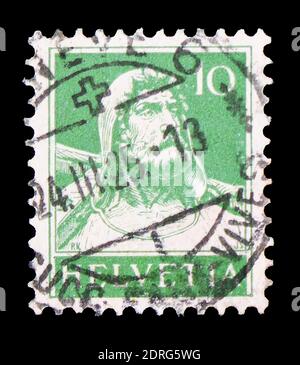 MOSCÚ, RUSIA - 10 DE FEBRERO de 2019: Un sello impreso en Suiza muestra William Tell, serie, alrededor de 1921 Foto de stock