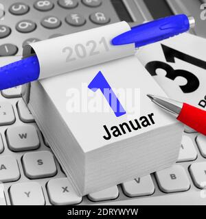 Kalender 1. Januar 2021 mit PC Keyboard und Rechner Foto de stock