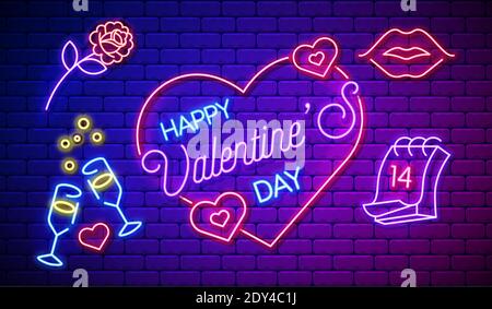 Tarjeta de día o cartel de neón de San Valentín, banner vector con corazones, copas de champán, calendario, labios rosas y rojos, símbolo de amor. Ilustración del Vector