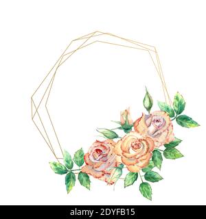 Marco Geometrico Dorado Decorado Con Flores Rosas De Melocoton Hojas Verdes Flores Abiertas Y Cerradas Ilustracion De Acuarela Fotografia De Stock Alamy