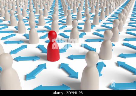 Figura de peón rojo rodeada de peones blancos separados por flechas. Enfoque selectivo. Concepto de distanciamiento social. ilustración 3d.
