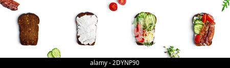 Bruschetta con verduras, tocino y queso mozzarella sobre un fondo blanco. Foto de alta calidad Foto de stock