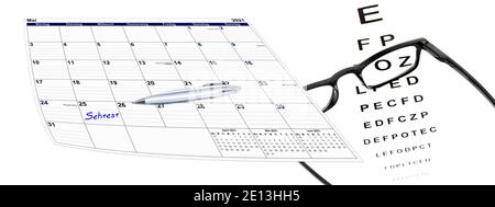 Kalender mit Sehtest und Brille und Kugelschreiber, Terminvergabe Foto de stock
