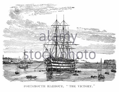 Puerto de Portsmouth con HMS Victory, el buque insignia de Lord Nelson en la Batalla de Trafalgar, ilustración de época de 1892 Foto de stock