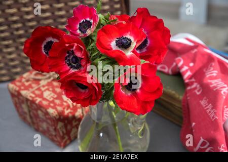 Un ramo de anémonas rojas en un jarrón de cristal transparente sobre una  mesa con mantel gris. Polka blanca punto rojo taza con té y toalla. Por la  mañana Fotografía de stock -