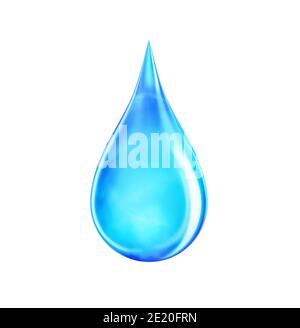 Gota de agua realista burbuja de líquido. Limpie la partícula de agua de la gota de lluvia. Gota azul húmeda de agua ecológica aislada sobre blanco. renderizado en 3d. Foto de stock
