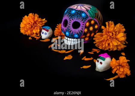 Colores cráneos y flores de cempasuchil (para el día de los muertos, México  Fotografía de stock - Alamy