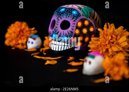 Colores cráneos y flores de cempasuchil (para el día de los muertos, México  Fotografía de stock - Alamy