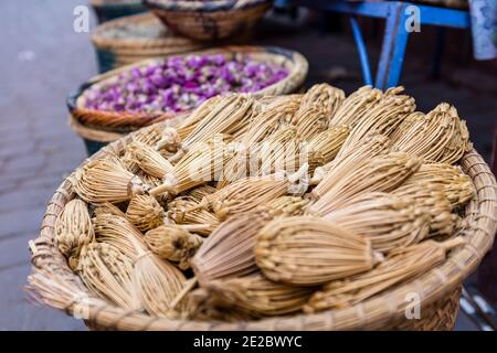 Los palillos de dientes Berber, en realidad las cabezas secas de la flor del hinojo, son un recuerdo popular en Marrakech, Marruecos Foto de stock