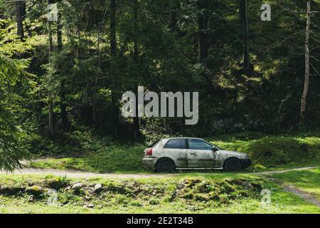 un coche viejo y mohoso abandonado en un bosque. un coche oxidado en el bosque