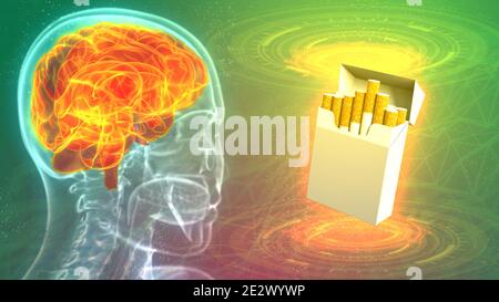 Ilustración 3D médica - imagen de cabeza humana de roentgen con resaltado cerebro y paquete de cigarrillos - cerebro afectado por el concepto de tabaco Foto de stock