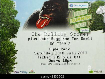 Entrada para los Rolling Stones con Jake Bugg y Tom Odell en Hyde Park Sábado 13 de julio de 2013 Londres Inglaterra Reino Unido Foto de stock