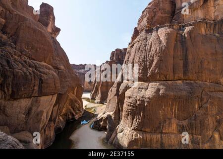 Garganta de roca, agujero de agua de Guelta d'Archei, meseta Ennedi, Chad Foto de stock