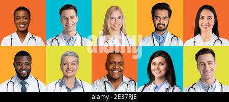 Retratos de médicos multiétnicos exitosos sobre diferentes fondos coloridos, Collage Foto de stock