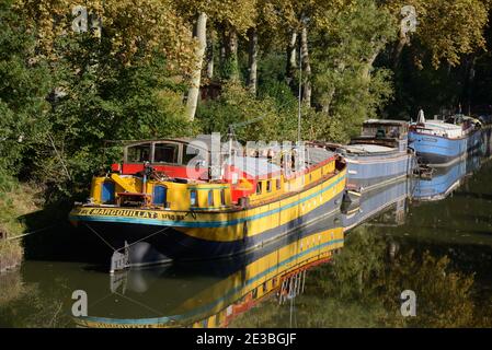 Coloridos barcos del Canal, barcos largos o barcos de casa amarrados en el Canal du Midi Toulouse Haute-Garonne Francia Foto de stock