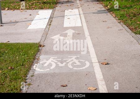 Señal de carretera de bicicletas y flecha, camino para la bicicleta en la ciudad. Foto de stock