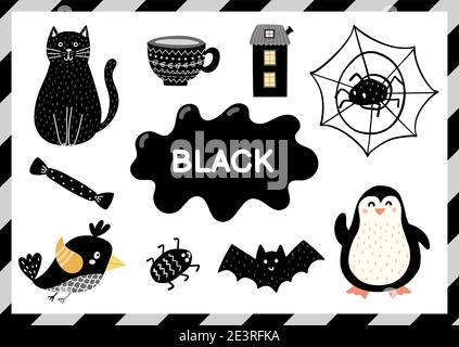 Objetos de color negro definidos. Aprendiendo colores para niños. Linda  colección de elementos Imagen Vector de stock - Alamy