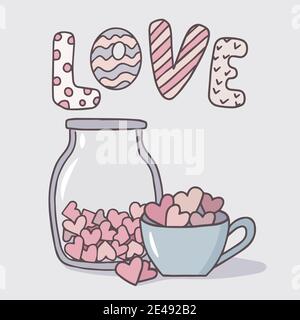 Vector dibujo a mano de malvaviscos en forma de corazones en una taza y tarro de vidrio. Tarjeta de felicitación para San Valentín, cumpleaños, vacaciones. Ilustración del Vector