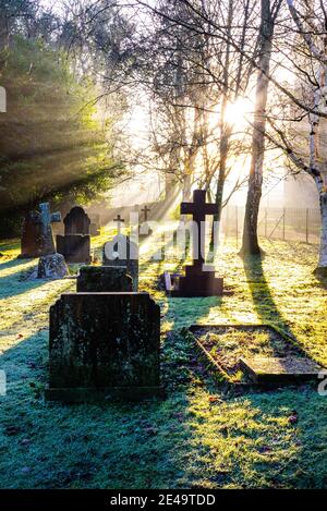 Luz del sol a primera hora de la mañana en un día helado en un cementerio Foto de stock