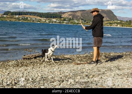 Tiro de un joven con sudaderas con capucha y de pie en la orilla del lago Wanaka con un icónico árbol solitario. Isla Sur de Nueva Zelanda.