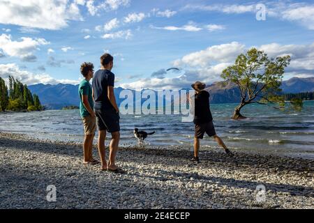 Tiro de un joven con sudaderas con capucha y de pie en la orilla del lago Wanaka con un icónico árbol solitario. Isla Sur de Nueva Zelanda.