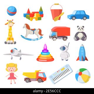 Juguetes de bebé dibujos animados. Juguetes infantiles, oso, muñeca,  juguetes lógicos, tren, niños y niñas inventario de juegos para niños y  entretenimiento vector ilustración conjunto Imagen Vector de stock - Alamy