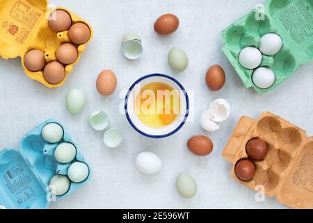 Diferentes tipos de huevos de gama libre con huevos crudos en un cuenco y conchas sobre un fondo blanco