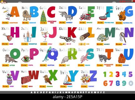  Ilustración de dibujos animados del alfabeto de letras mayúsculas con personajes divertidos y objetos para la educación de lectura y escritura para los niños Imagen Vector de stock