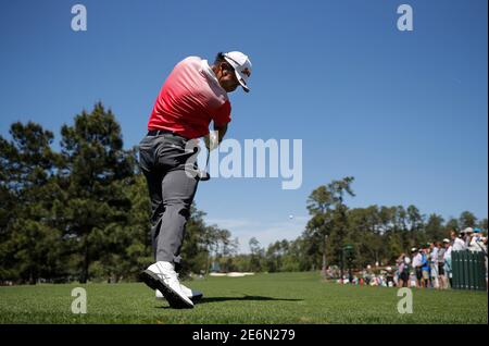 Hideki Matsuyama of Japan hits off the 3rd tee during Tuesday practice rounds for the 2017 Masters at Augusta National Golf Club in Augusta, Georgia, U.S., April 4, 2017. REUTERS/Mike Segar
