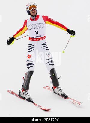 Felix Neureuther of Germany celebrates winning the second run of the men's Alpine Skiing World Cup Slalom in Garmisch-Partenkirchen March 13, 2010. REUTERS/Miro Kuzmanovic (GERMANY - Tags: SPORT SKIING)