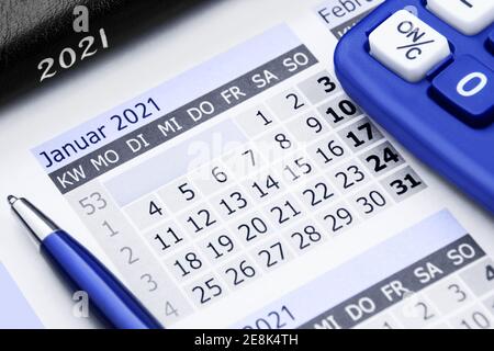 Calendario alemán Enero 2021 y calculadora