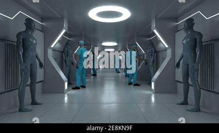 renderización 3d. Escena futurista y figura humanoide