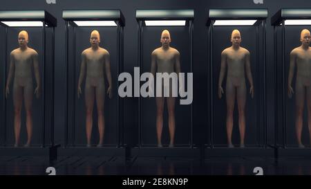 renderización 3d. Escena futurista y figura humanoide