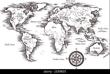 mapa en blanco de los continentes y océanos del mundo