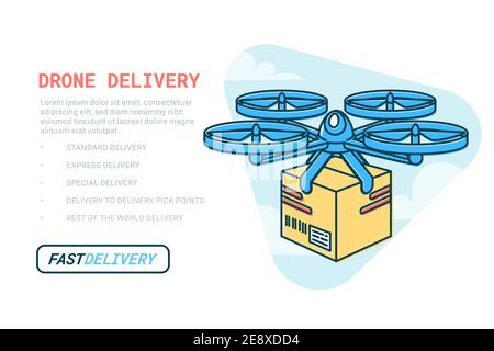 Servicio de entrega de drones. Avión drone remoto con plantilla de web de paquete. Entrega moderna del paquete por un quadcopter volador. Concepto de estilo plano. Cuadruplicador Ilustración del Vector