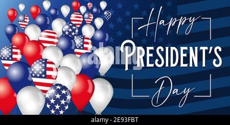 Feliz día de los Presidentes cartel con volar en el cielo globos en el fondo de la bandera. Ilustración vectorial texto escrito a mano para el día de los Presidentes EE.UU. Ilustración del Vector