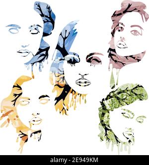 Four Seasons mujeres frente a siluetas diseño abstracto. EPS vectorial 10