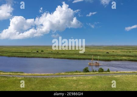 Vista aérea de drones, embarcación de gambas en el Leyhoerner-Sieltief, Greetsiel, Baja Sajonia, Alemania, Europa