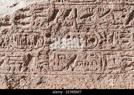 Alejandría, Egipto. Pared de piedra con jeroglíficos egipcios tallados. Pompeys Pilar sitio histórico Foto de stock