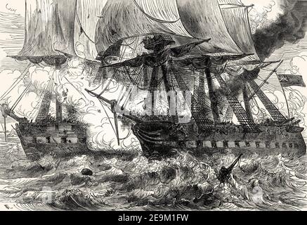 Batalla del puerto de Boston el 1 de junio de 1813 entre el HMS Shannon y el USS Chesapeake, Guerra de 1812, de las batallas británicas en tierra y mar, por James Grant Foto de stock