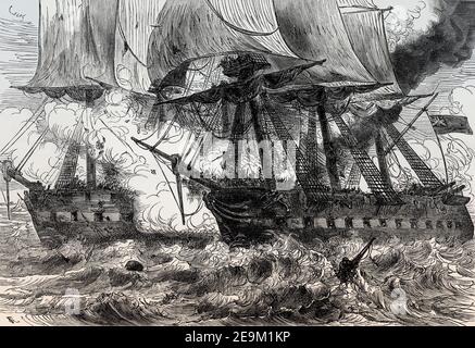 Batalla del puerto de Boston el 1 de junio de 1813 entre el HMS Shannon y el USS Chesapeake, Guerra de 1812, de las batallas británicas en tierra y mar, por James Grant Foto de stock