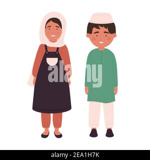 Ilustración vectorial de niños musulmanes. Dibujos animados árabe lindo niño niña en hijab, ropa tradicional de pie juntos, feliz árabe árabe niños jóvenes sonriendo, cultura religión personas aisladas en blanco Ilustración del Vector
