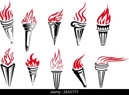 Antorchas medievales con fuego de fuego vector conjunto. Antiguas marcas de  metal y madera de diferentes formas con llama. Elementos de dibujos  animados para el juego de pc, flaming t Imagen Vector