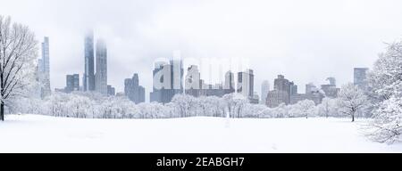 Vista panorámica de un parque central cubierto de nieve con el horizonte de la ciudad de Nueva York como telón de fondo. Foto de stock