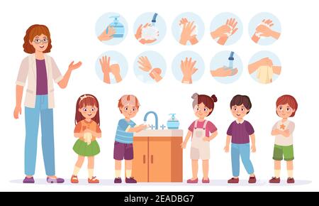  Los niños se lavan las manos. Los niños de dibujos animados en la escuela usan jabón para la piel en el baño. Prevenir el concepto de virus e infección. Infografía sobre vectores